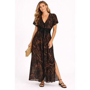 HM Brown Black Tie Dye Sheer Maxi Kimono Coverup Crochet Waist ML